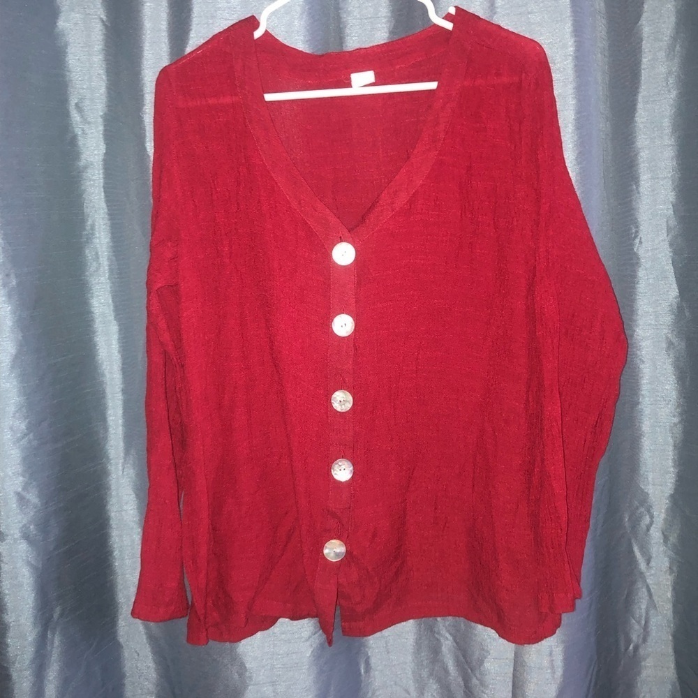 Red Button-Up Cardigan- 100% cotton -pit to pit - 23/24”- new or like new
